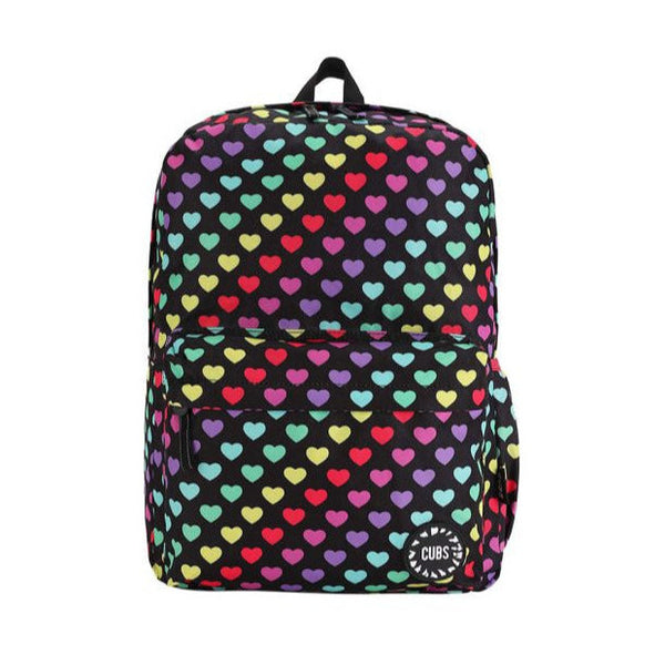 Backpack with colorful heart pattern on a white background