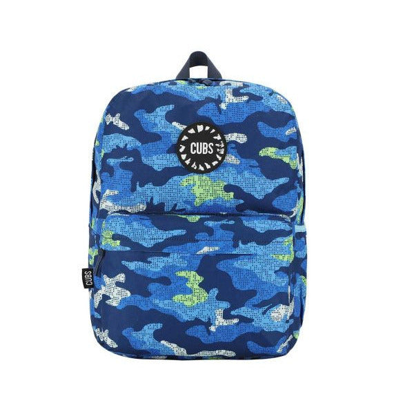 Blue camouflage backpack with a visible brand logo on a white background