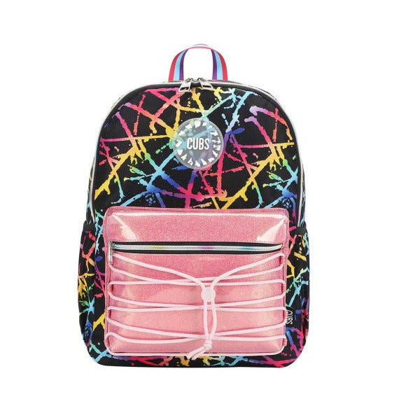 Backpack with colorful abstract pattern and pink front pocket on a white background