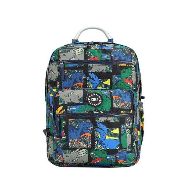 Backpack with dinosaur pattern on a white background