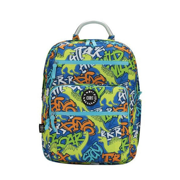 Colorful backpack with graphic design on a white background
